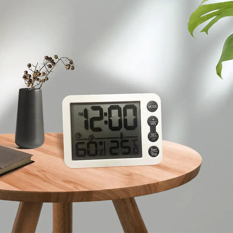Reloj digital moderno para dormitorio u oficina con alarma y monitor ambiental interior